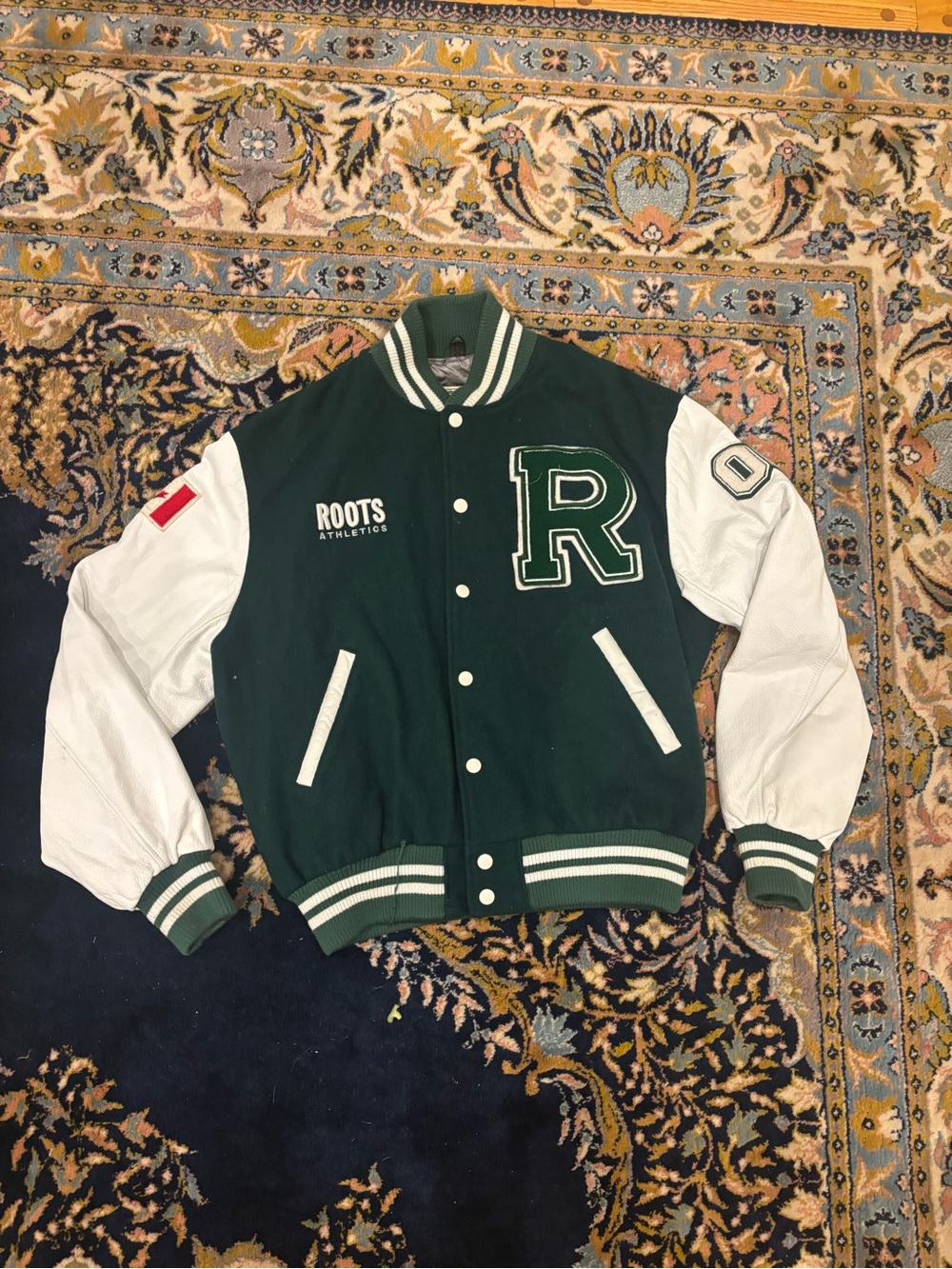 Roots Green & White Letterman Jacket